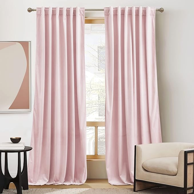 RYB HOME Pink Velvet Curtains 84 inches - Blackout Curtains for Living Room, Thermal Insulated Noise Reducing Panels Soft Luxury Window Decor for Bedroom, Blush Pink, W52 x L120 inches, 2 Panels