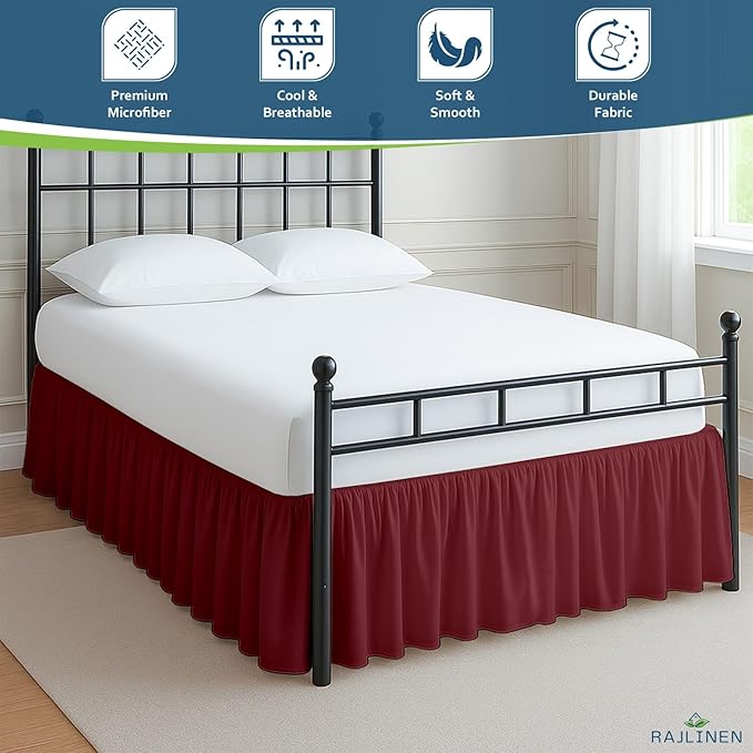 Rajlinen Ruffled Bed Skirt Twin, 14 Inch Drop Dust Ruffle with Split Corners, 100% Microfiber Bedskirt with Platform, Three-Sided Coverage Ruffled Gathering Design, Burgundy
