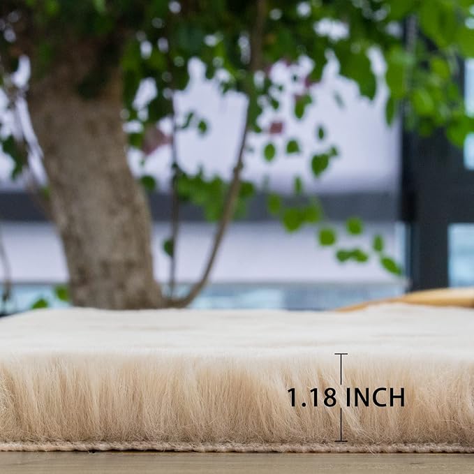 Light Brown Beige Fluffy Faux Fur Rugs for Bedroom Washable Furry Rug for Living Room Indoor Sheepskin Area Rugs 4x6 Nursery Rug
