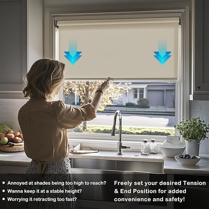 HESTIA No Drill Cordless Blackout Roller Shades Screwless Waterproof Shower Window Blinds, Auto-Retraction Easy Install Blind for Bathroom/Kitchen/Office/Exterior, Cream, 38.5" W x 72" H