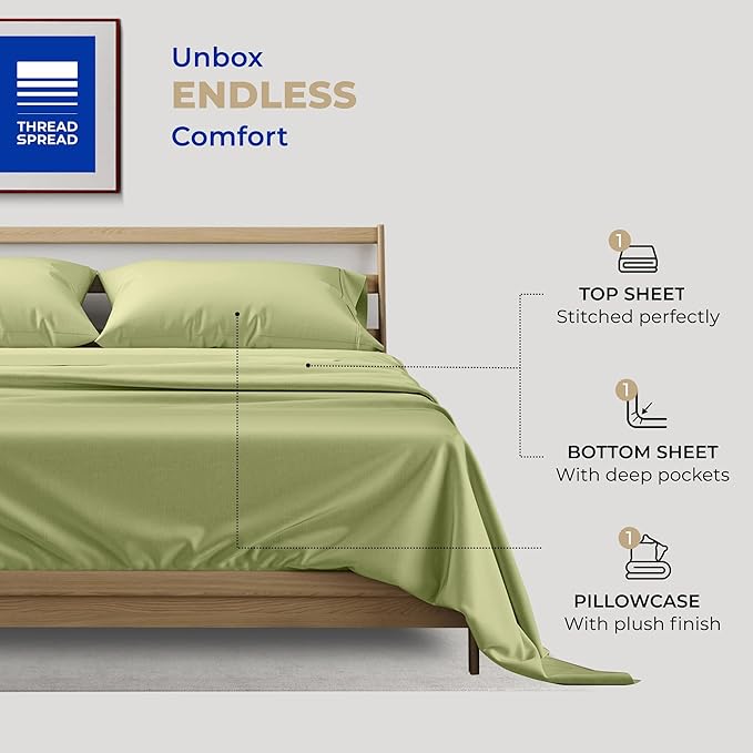 THREAD SPREAD 100% Cotton Sheets Twin Size - 400 Thread Count Cotton Bed Sheets Twin, 3 PC Set (Sage Green), Luxury Soft, Breathable, Cooling, Sateen Weave 16" Deep Pocket Bedsheet for Dorm Rooms