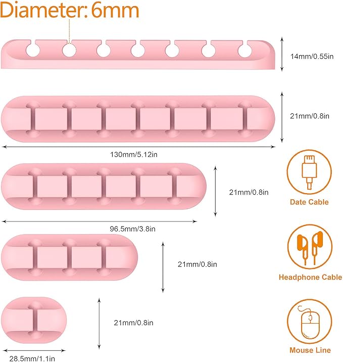 Cord Holder Cable Organizer Clips – Self Adhesive Cord Organizer for Desk, Car, Nightstands, Office, Pink Silicone Cord Keeper Cable Clips Wire Holders for Charger Cords (7-5-3-1-1 Slots)