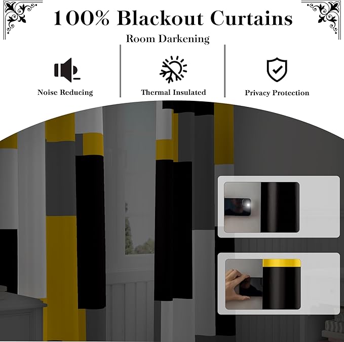 Yellow 100% Blackout Curtains for Bedroom 63 inch Length 2 Panels Set Mustard Yellow Grey Modern Abstract Geometric Black Out Curtains Room Darkening Window Drapes for Living Room, 52Wx63L