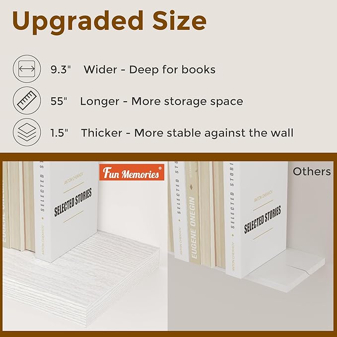 Fun Memories Floating Shelves 16 Inch Long, Wall-Mounted Bathroom Shelves Set of 2, 9.3 Inch Deep Shelf for Home Storage & Display, Wooden Deep Wall Shelves for Bedroom, Living Room, Kitchen, White
