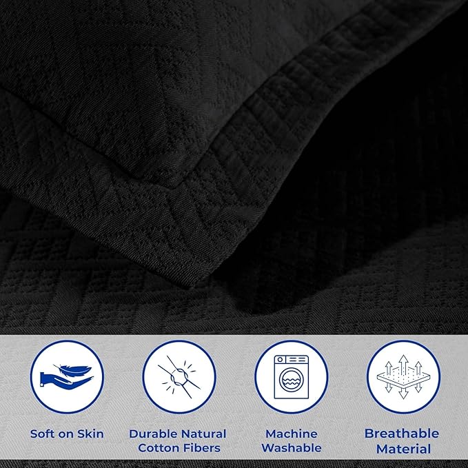 Superior 100% Cotton Basket Weave Bedspread with Shams, All-Season Premium Cotton Matelasse Jacquard Bedding, Quilted-Look Geometric Basket, Queen, Black