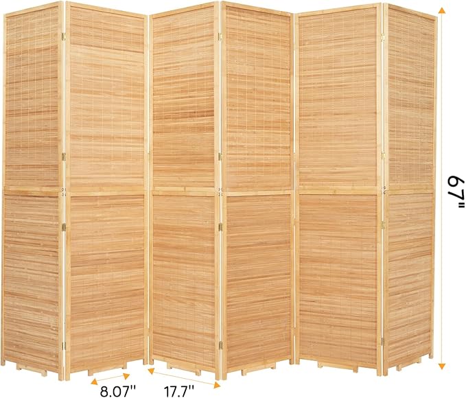 Bamboo Room Divider Folding Privacy Screens, Wall Divider for Room Separation, Portable Room Partitions and Dividers, 5.6FT Bamboo Mesh Woven Room Divider Panel (Brown, 6 Panel)