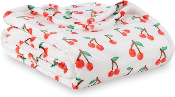 Berkshire Blanket-Classic Heavyweight Warm Soft Printed VelvetLoft® Plush Blanket, King Size Soft Fuzzy Blanket for Couch Sofa Bed, Cherries Toss White, 90in x 108in