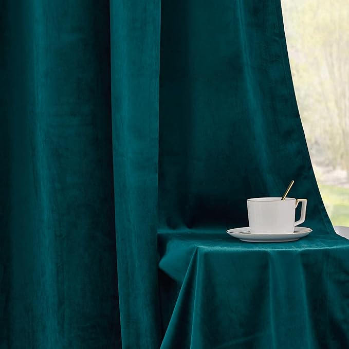RYB HOME Velvet Curtains 63 inches Length, Back Tab & Rod Pocket Soft Fabric Curtains & Drapes for Bedroom Bathroom Cafe, Peacock Blue, W 42 x L 63, 2 Panels Set