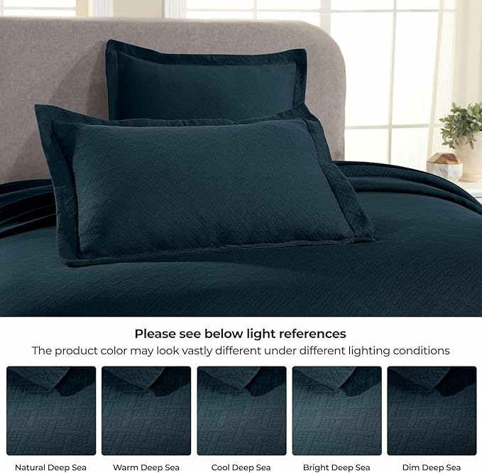 Superior 2 Piece Basketweave Cotton Bedspread Set, Home Bed Decor, Decorative Bed Spread, 1 Pillow Sham, Medium Weight Blanket, Matelasse Coverlet Bedding, Geometric Lattice Pattern, Twin, Deep Sea