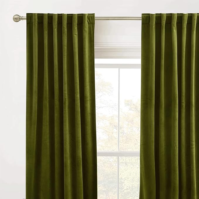 RYB Home Moss Green Velvet Curtains - Smooth Plush Privacy Blackout Energy Efficient Window Treatment Vivid Luxury Decoration for Bedroom Bathroom, W42 x L84 inches, 2 Pieces