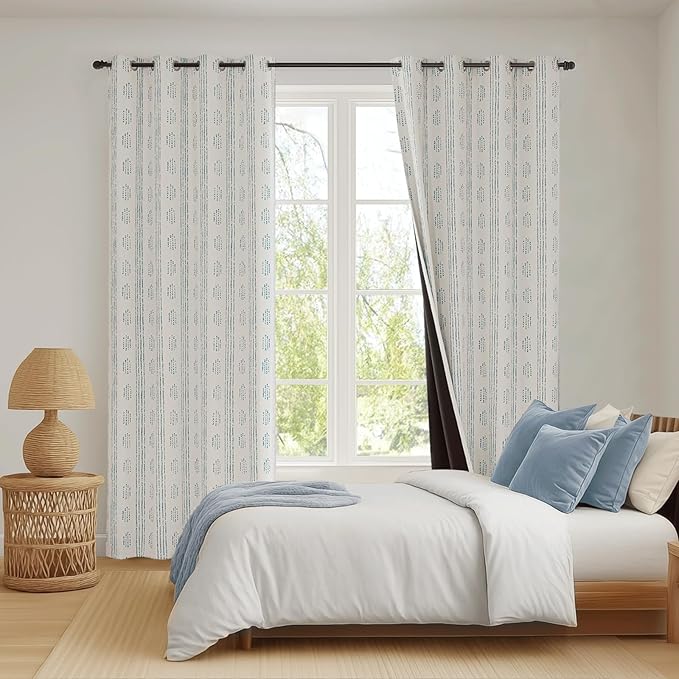 100% Boho Blackout Curtains 63 Inches Long for Bedroom, Blue on Beige Patterned Bohemian Curtains for Living Room, Geometric Striped Thermal Insulated Window Drapes Gromment Top 2 Panels