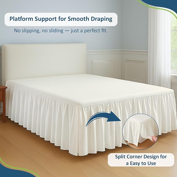 Rajlinen Ruffled Bed Skirt Full, 24 Inch Drop Dust Ruffle with Split Corners, 100% Microfiber Bedskirt with Platform, Three-Sided Coverage Ruffled Gathering Design, Ivory