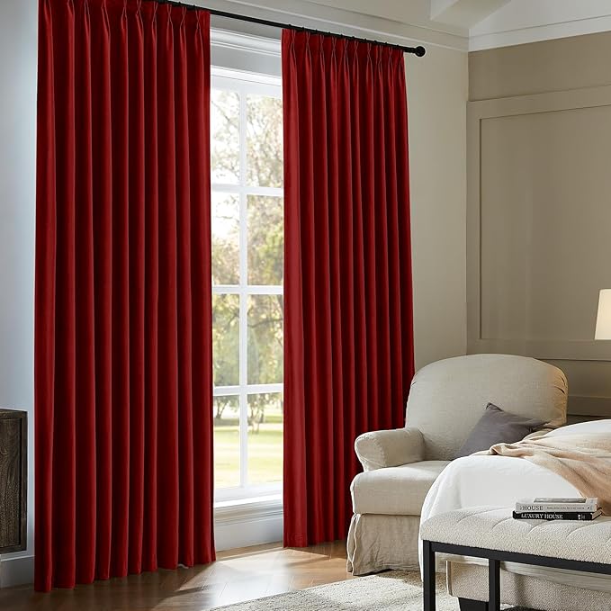 Pinch Pleated 100% Blackout Curtains for Bedroom, Red Velvet Curtains for Living Room, Black Out Curtain 86 inch Long Room Darkening, Blackout Pinch Pleat Drapes with Hooks 2 Panels