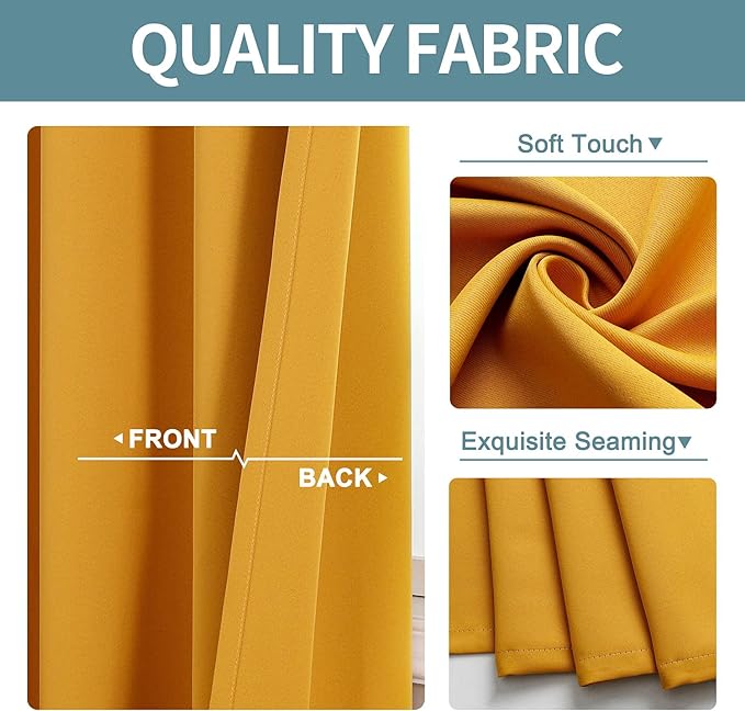 ChrisDowa Grommet Room Darkening Curtains for Bedroom and Living Room - 2 Panels Set Thermal Insulated Blackout Curtains (Mustard Yellow, 52W x 54L)