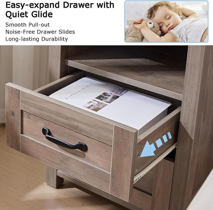 Puntogen Sierra Night Stand, Rustic End Table with Charging Station, Farmhouse Tall Nightstand for Bedroom, Drawer Dresser Bedside Table with Open Storage Shelf