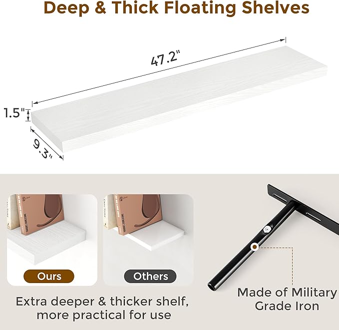 Fun Memories Floating Shelves for Wall, 48 x 9.3 Large Floating Shelf Wall Mounted Set of 2, Rustic Wood Shelves for Bathroom, Kitchen, Living, Heavy-Duty Storage Deep Shelf for Books, Decor, White