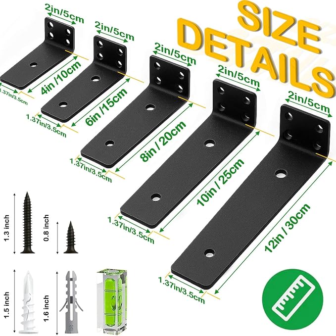 Floating Shelf Bracket 10 Inch of 6 Pack Heavy Duty Shelf Brackets Brackets for Shelves Black Coated Metal L Bracket Wall Shelf Support DIY Brackets with 1/5 Inch Thick and 160 LBS Load Capacity