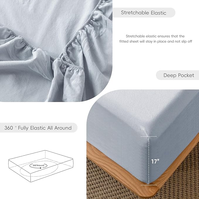 MooMee Fitted Bottom Sheet Only 100% Washed Cotton Linen Like Textured Breathable Durable Soft Comfy Deep Pocket Fits Mattress up to 17" (Cornflower Blue, King)
