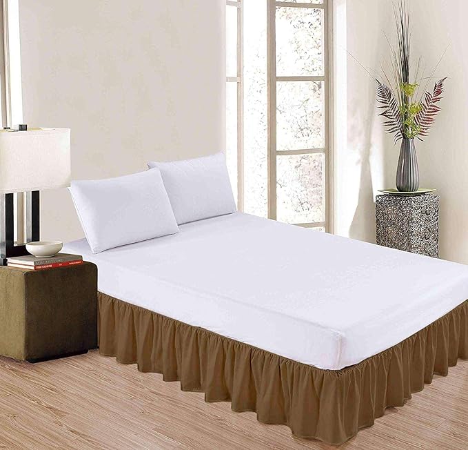 Taupe Solid Ruffled Bed Skirt Queen-15 Inch Drop Split Corner, Microfiber Bedskirt with Platform Three Sided Coverage