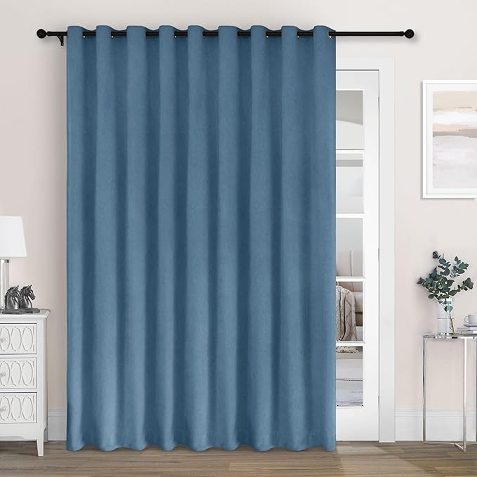 Macochico 100" Wx84 L Ashtray Blue Full Blackout Curtains for Sliding Door, Thermal Insulated Drapery for Living Room Bedroom Windows Patio Door, Modern Chenille Grommet Curtains with Tieback 1 Panel