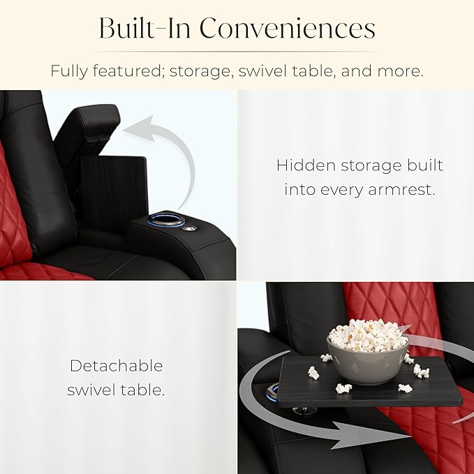 Seatcraft Diamante Zero-Gravity CoolZero Italian Leather Home Theater Seating, Power Headrest, Power Recline, Row of 5 Left Loveseat, Black/Red