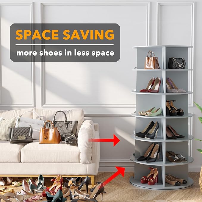 SpaceAid 6 Tier Rotating Shoe Rack Tower, Spinning Shoe Display Lazy Susan, Revolving 360 Shoe Rack Storage Round Carousel, Vertical Handbag Rotate Shoes Closet Organization (6-Tier Gray)