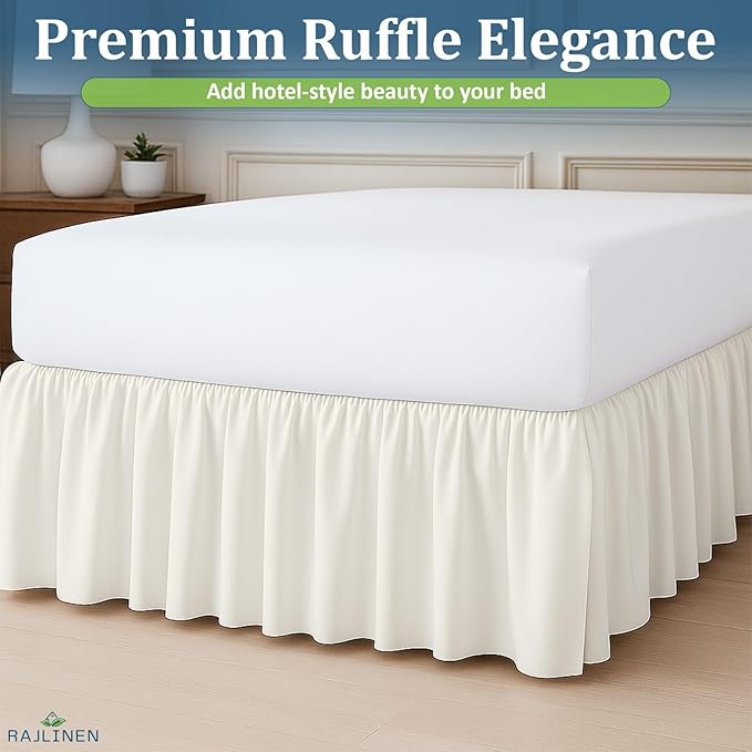 Rajlinen Ruffled Bed Skirt Full, 10 Inch Drop Dust Ruffle with Split Corners, 100% Microfiber Bedskirt with Platform, Three-Sided Coverage Ruffled Gathering Design, Ivory