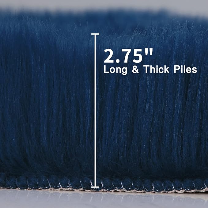 duduta Navy Blue Faux Sheepskin Throw Rug 2x3 ft, Fluffy Shag Fur Chair Cover Small Bedside Dorm Rug Non Slip Machine Washable