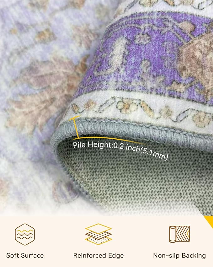 Area Rugs 9'x12' Washable Non-Slip, Floral Vintage Distress Print Pattern Medallion Carpet for Living Room Bedroom Dining Room, Light Purple Brown