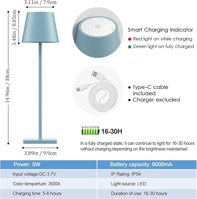 4 Packs Rechargeable LED Table Lamp,6000mAh Outdoor Cordless Desk Lamp Waterproof Portable, Stepless Dimmable Lamps for Restaurant/Bedroom/Outdoor (Blue)