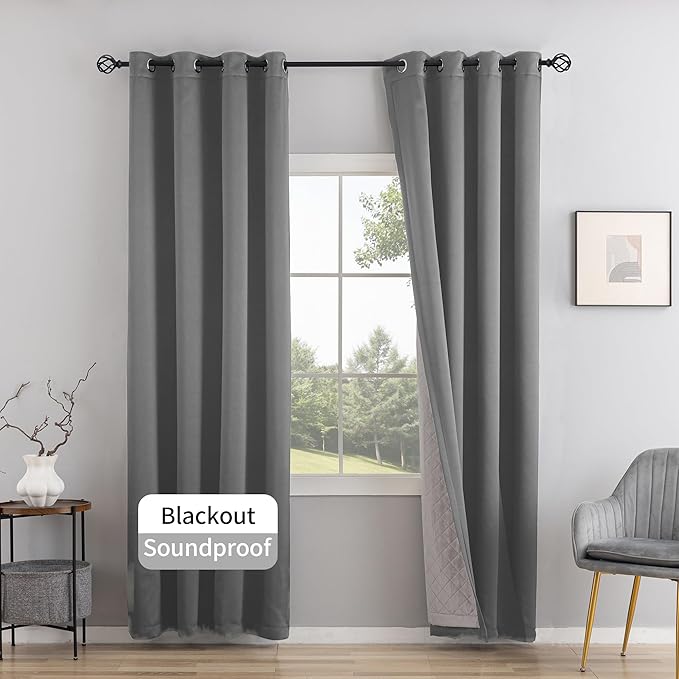 3-in-1 Layers Soundproof Curtains,Grommet Full Blackout Thermal Curtains for Living Room, Bedroom(1 Panel,Grey,50" x 63")