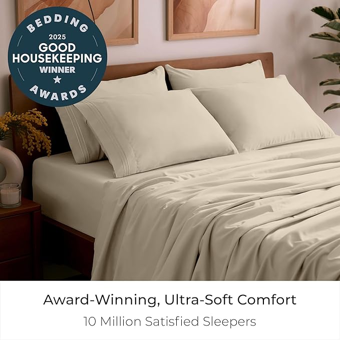 Mellanni Full Sheet Set - 6-Piece Iconic Collection Bedding, (Including 4 Pillowcases), 21-Inch Extra Deep Pocket, Easy Care, Ultra Soft, Cooling Sheets, Brushed Microfiber - Beige