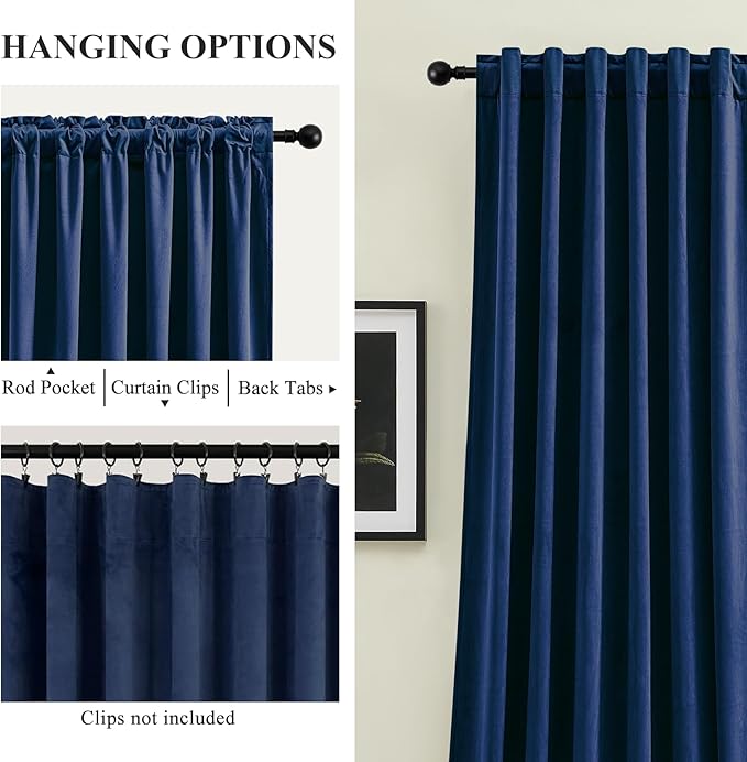 90 Inch Long Velvet Curtains for Living Room, Elegant Privacy Thermal Curtain Room Darkening Back Tab & Rod Pocket Soft Luxury Room Darkening Window Drapes for Bedroom, W52 x L90, Navy Blue, 2 Pcs
