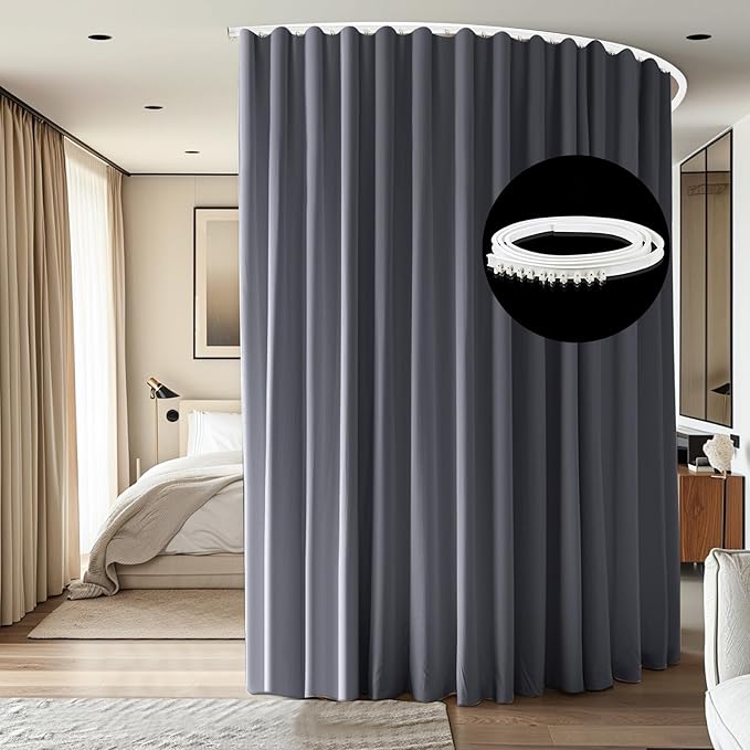 Room Divider Ceiling Mounted Curtains Track Sets Extra Wide Blackout Curtain Flexible Tracks for Bedroom Privacy Partition Separator, 1 Panel Grey Drape and White Rail, W15 x H9ft
