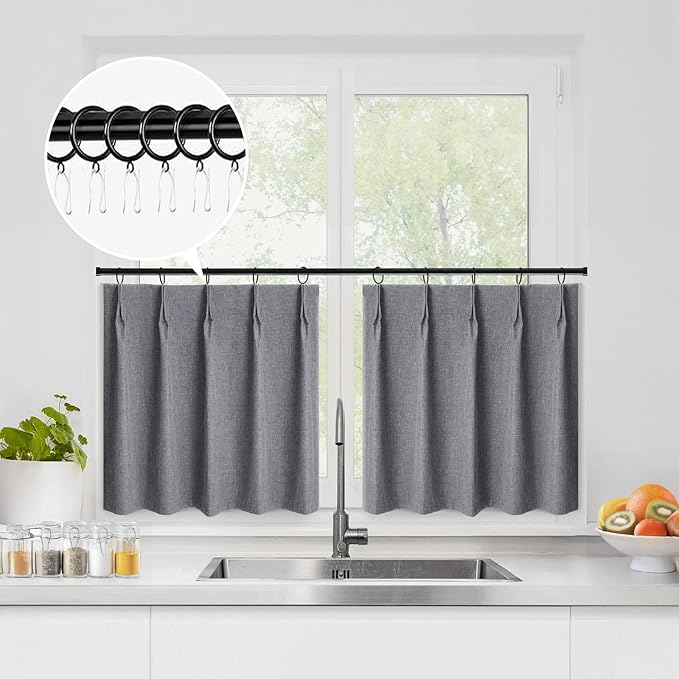 WdFour 42" W x 45" L Inch Pinch Pleated Blackout Cafe Curtains - Pack of 2, 100% Light Blocking Back Tab Drapes for Half Windows, Kitchen & Bathroom Short Curtains in(Dark Gray,Pack of 2)