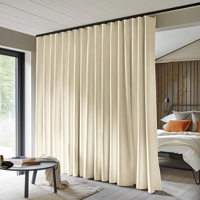 Room Divider Curtains Total Blackout Privacy Curtain Panel Room Thermal Insulated Noise Reduction Curtains for Bedroom Window Living Room Ceiling Track Curtain W 15 ft × H 8 ft Beige