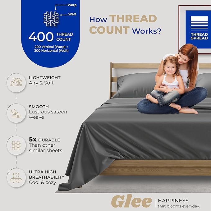THREAD SPREAD 2-Pack King Size Sheets Set - 400 Thread Count 100% Cotton Sateen Weave - Extra Soft, Breathable, Hotel Quality Cooling Sheets, 2 Sets of King Size Deep Pocket Bed Sheets (Dark Grey)