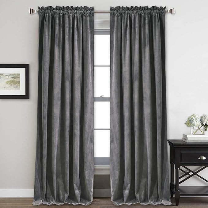 StangH Grey Velvet Curtains 90 inches - Luxury Room Darkening Thermal Insulated Window Treatment Heat Blocking Privacy Drapes for Bedroom/Dining Room, W52 x L90, 2 Panels