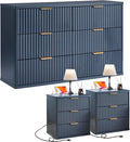 LEYAOYAO Fluted Dresser and 3 Drawers Nightstand Set of 2, Wood 48" Wide Dresser & 23" Night Stand with Charging Station, 3 Piece Bedroom Furniture Set, Chest of Drawers for Home,Living Room,Nave Blue