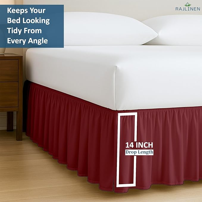 Rajlinen Ruffled Bed Skirt King, 14 Inch Drop Dust Ruffle with Split Corners, 100% Microfiber Bedskirt with Platform, Three-Sided Coverage Ruffled Gathering Design, Burgundy