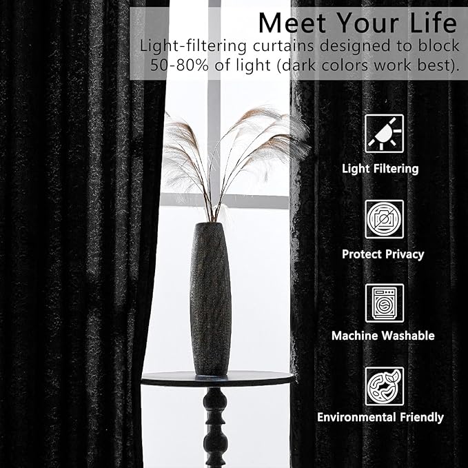 SMILETIME Black Crushed Velvet Curtains 52x84 inch Luxurious Thermal Insulated Soundproof Drapes for Living Room Bedroom Office Soft and Durable Light-Filtering Window Treatments, 2 Panels