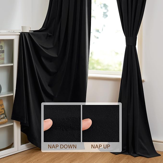 StangH Velvet Curtains 63 inch Length - Rod Pocket Blackout Super Soft Thick Energy Smart Drapes Insulating Summer Hot & Winter Chill for Kitchen/Office Blinds, Black, W52 x L63 inches, 2 Pcs