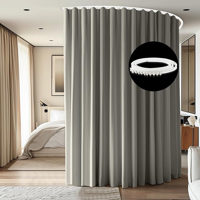 Room Divider Ceiling Mounted Curtains Track Sets Extra Wide Blackout Curtain Flexible Tracks for Bedroom Privacy Partition Separator, 1 Panel Light Grey Drape and White Rail, W8.3 x H7ft