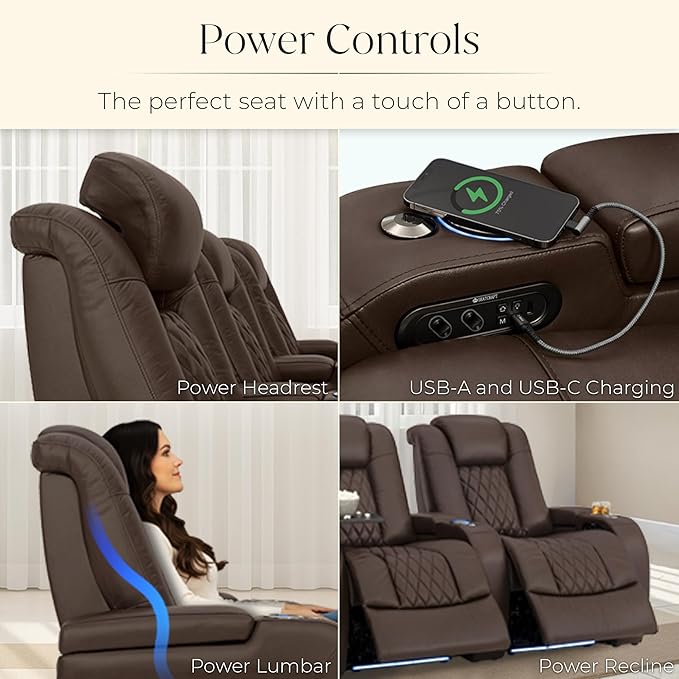 Seatcraft Diamante Zero-Gravity CoolZero Italian Leather Home Theater Seating, Power Headrest, Power Recline, Single Recliner, Brown