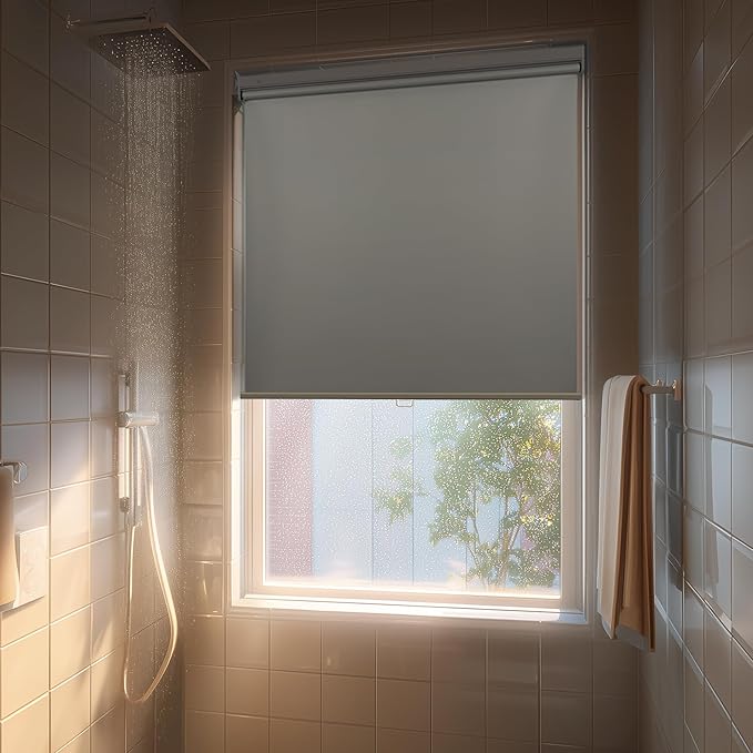HESTIA No Drill Cordless Blackout Roller Shades Screwless Waterproof Shower Window Blinds, Auto-Retraction Easy Install Blind for Bathroom/Kitchen/Office/Exterior, Grey, 44.5" W x 72" H