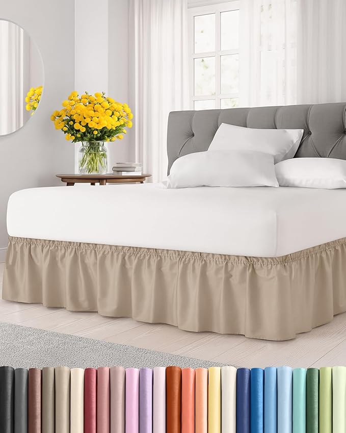 Wrap Around Dust Ruffle Bed Skirt - Cream - for Full Size Beds with 24 Inch Drop - Easy Fit Elastic Strap - Adjustable Pleated Bedskirt w/Brushed Fabric - Wrinkle Free - for Women, Men, Kids & Teens
