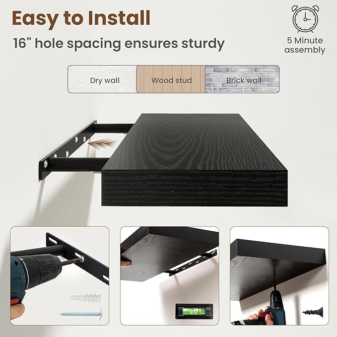 72 Inch Floating Shelves for Wall, 8 Inch Deep Floating Shelf for Storage & Display, Rustic Wall Mounted Shelf with Invisible Brackets for Living Room, Kitchen, Bathroom, Home Decor, Set of 2, Black