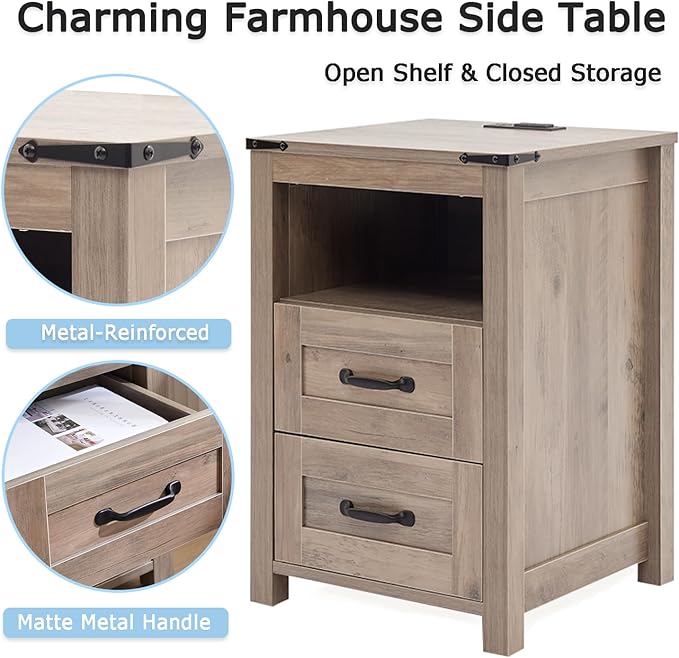 Puntogen Sierra Night Stand Set of 2, Rustic End Table with Charging Station, Farmhouse Tall Nightstand for Bedroom, Drawer Dresser Bedside Table with Open Storage Shelf