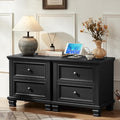 Farmhouse Nightstand Set of 2, Rustic Low Nightstands with 2 Drawers & Charging Station, Vintage Night Stands with 4 Square Solid Wood Legs, Small Dresser for Bedroom, Home, Black