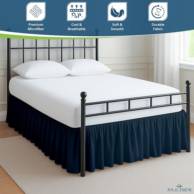 Rajlinen Ruffled Bed Skirt California King, 18 Inch Drop Dust Ruffle with Split Corners, 100% Microfiber Bedskirt with Platform, Three-Sided Coverage Ruffled Gathering Design, Navy Blue